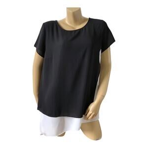 AB STUDIO Womens Size XL Short Sleeve Black White Layered Asymmetric Tunic Shirt